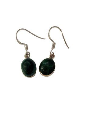 Vintage Green Stone Dangle Earrings Oval Cabochon Boho Jewelry